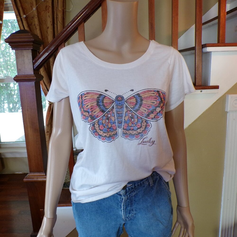 LUCKY BRAND NWT Women's Marshmallow Butterfly Graphic T-Shirt Size Medium - Picture 2 of 7